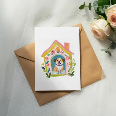 Card featuring a happy dog inside a colorful doghouse surrounded by flowers.