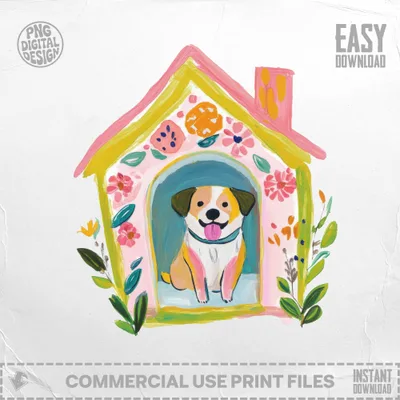 Colorful doghouse illustration with a happy dog inside, "EASY DOWNLOAD" text.