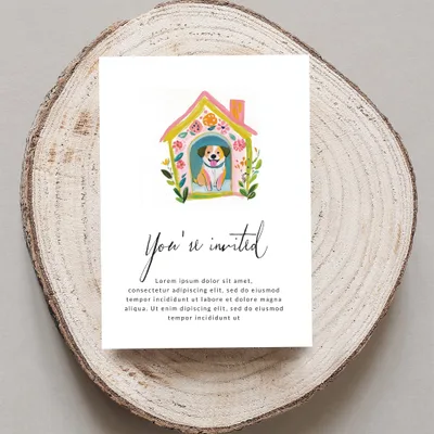 Invitation card with "You're invited" text and a dog in a kennel illustration.