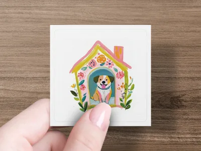 Illustration of a happy dog in a colorful doghouse with flowers.