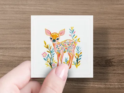 Watercolor illustration of a spotted fawn surrounded by colorful flowers and leaves.