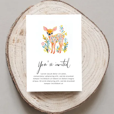 Invitation card with a watercolor deer illustration and "You're invited" text.