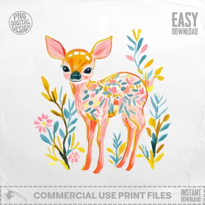 Watercolor illustration of a fawn surrounded by colorful foliage and flowers.