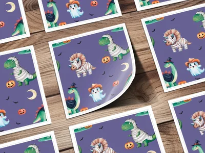 Cute Halloween Dinosaur Digital Paper, Seamless Pattern JPEG Files, Mummy Dinosaur, Ghost Cowboy, Pumpkins, Halloween Pattern - Moore and Mountain