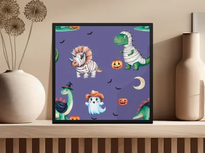 Cute Halloween Dinosaur Digital Paper, Seamless Pattern JPEG Files, Mummy Dinosaur, Ghost Cowboy, Pumpkins, Halloween Pattern - Moore and Mountain