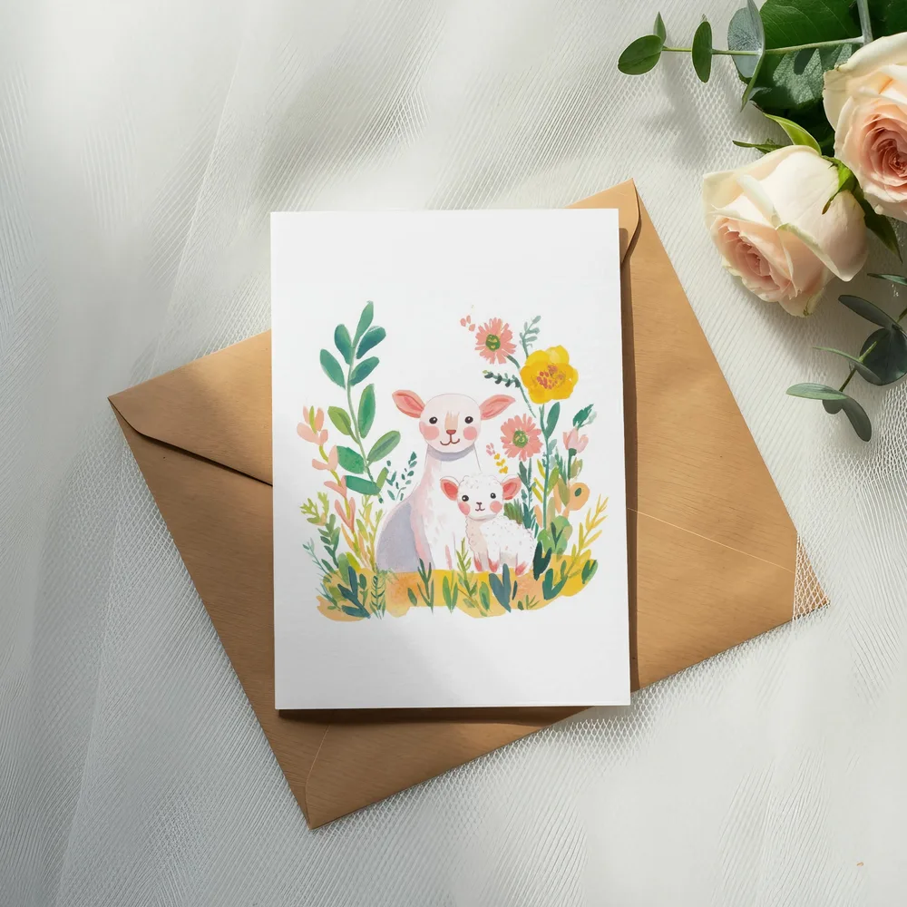 Watercolor illustration of a mother sheep and lamb with flowers on a card.