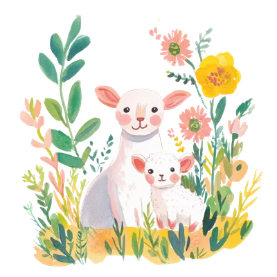 Two watercolor sheep, one adult and one lamb, surrounded by flowers and greenery.