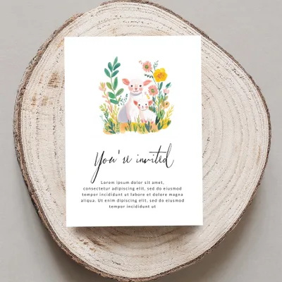 Invitation with lambs and flowers, text "You're invited" and placeholder text.