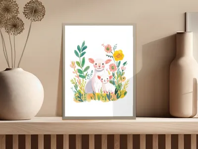 Illustration of a mother sheep and lamb surrounded by flowers.