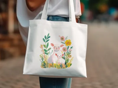 White tote bag featuring a watercolor illustration of two lambs among flowers.