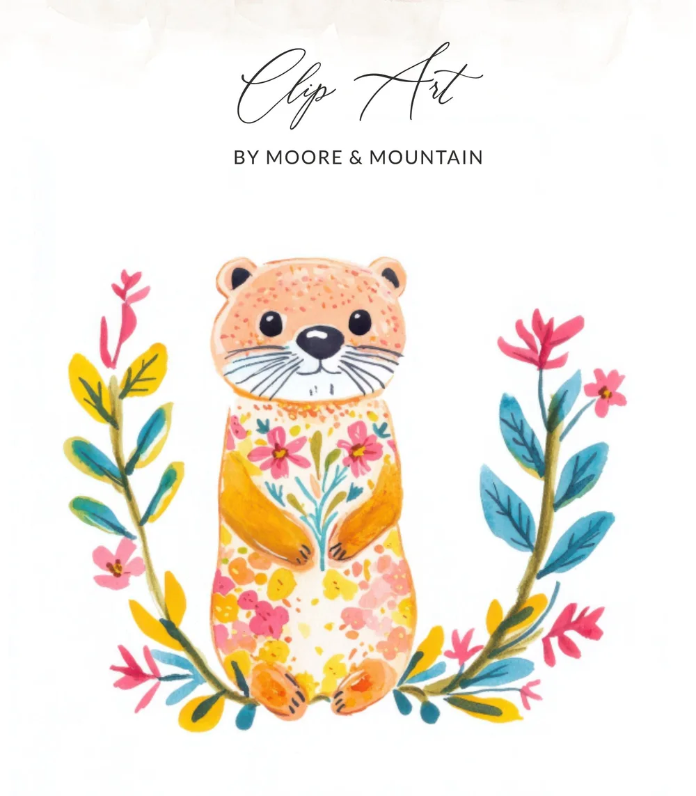 Watercolor otter in floral dress with leafy wreath.