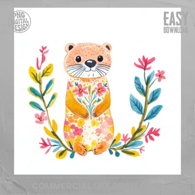 Watercolor otter with flowers and leaves, "EASY DOWNLOAD" text.