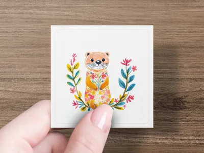 Watercolor otter illustration with floral wreath on square card held by a hand.