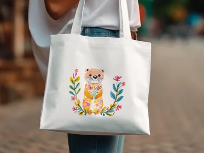 White tote bag with a watercolor otter illustration and floral wreath.