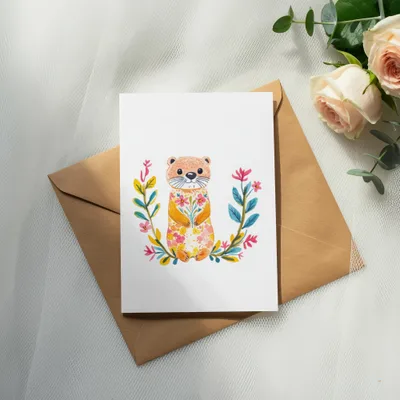 Card with illustrated otter surrounded by colorful floral wreath on brown envelope.