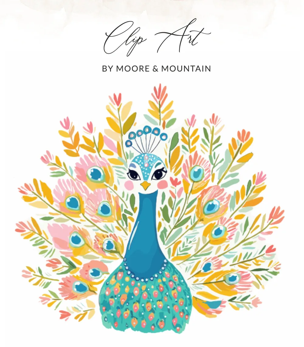 Stylized peacock clip art with colorful tail feathers and "Clip Art by Moore & Mountain" text.