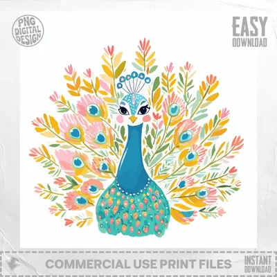 Watercolor peacock with colorful fan tail and "Easy Download" text.