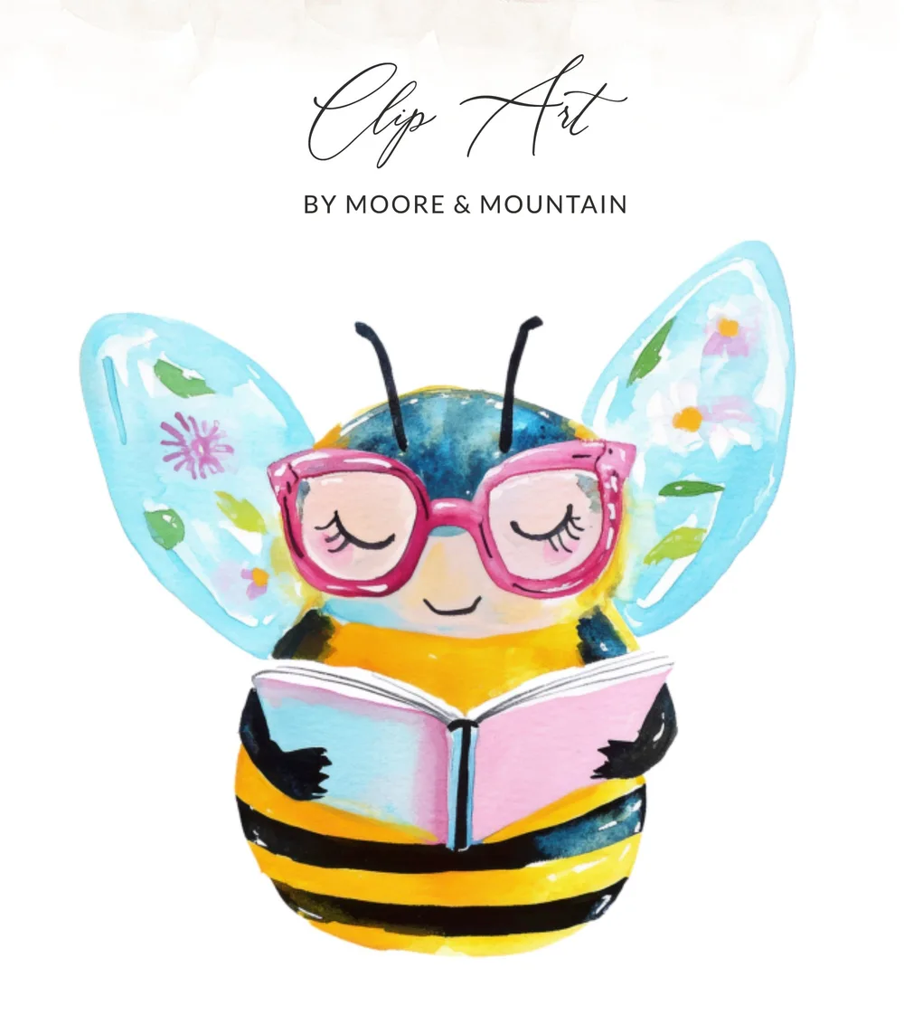 Bee wearing glasses reads a book with watercolor wings.