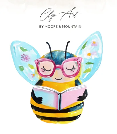 Cute Reading Bee Digital Art | Book Lover Watercolor Illustration | Bookish Bee PNG for Teachers & Readers | Whimsical Nature Design