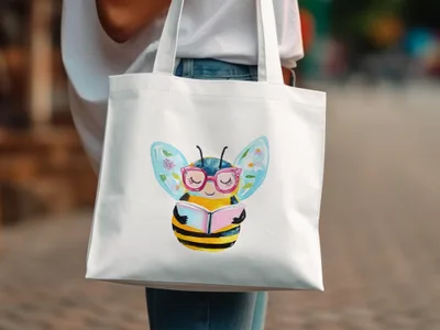 White tote bag with a cartoon bee wearing glasses reading a book.