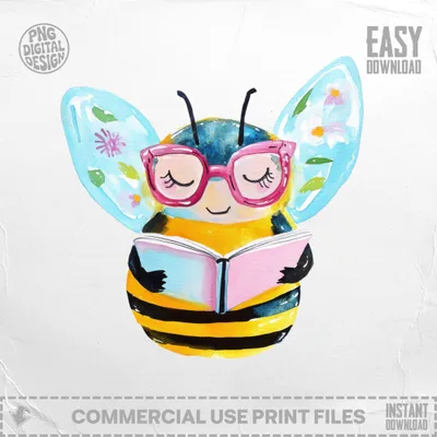 Cute bee wearing glasses reading a book.