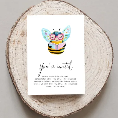 Watercolor illustration of a bee reading a book, with "You're invited" text.