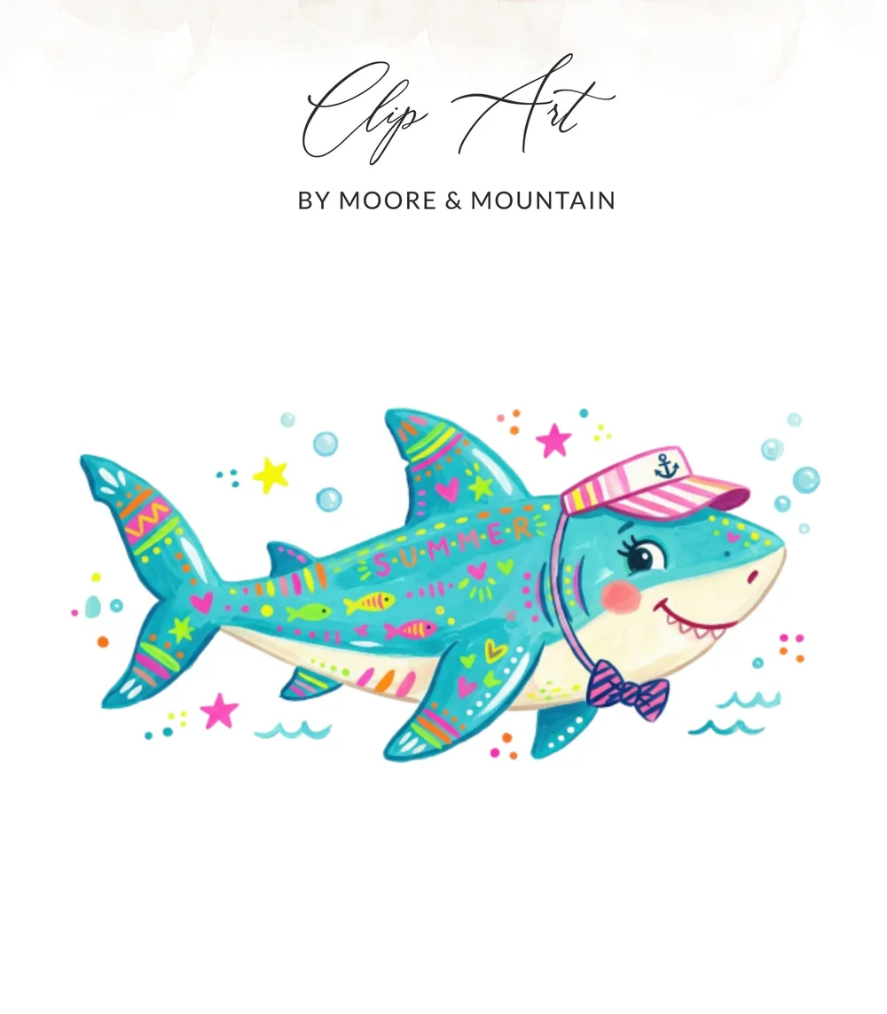 Cartoon shark wearing a pink striped hat and blue bow tie, with "SUMMER" text.