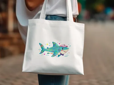 White tote bag with colorful cartoon shark wearing a sailor hat and bowtie.