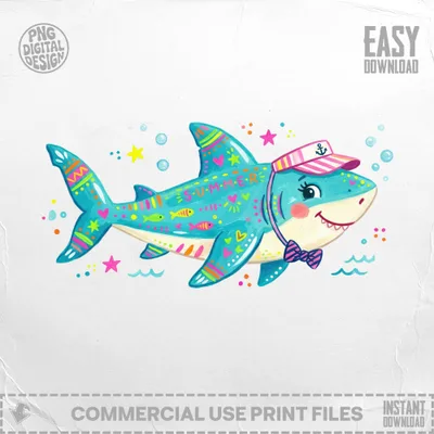 Illustration of a smiling cartoon shark wearing a bow tie and hat with "Summer" text.