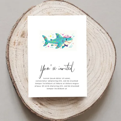 Shark invitation with "You're invited" text and placeholder copy.