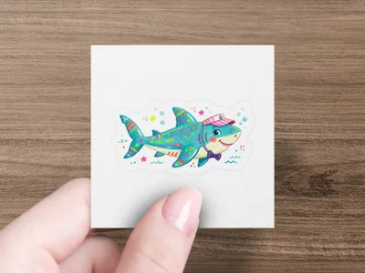 Cute cartoon shark wearing a sailor hat, bow tie, and tiny bow.