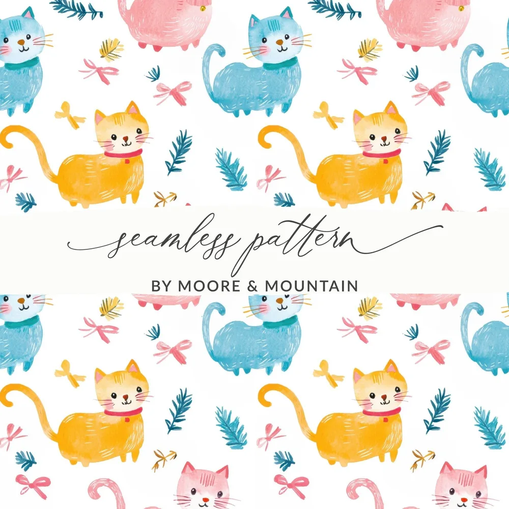 Cute Watercolor Cats Seamless Pattern with Bows and Leaves Pattern Design Digital - Moore and Mountain