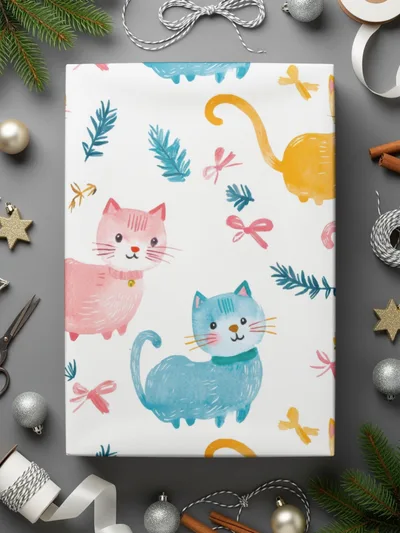 Cute Watercolor Cats Seamless Pattern with Bows and Leaves Pattern Design Digital - Moore and Mountain