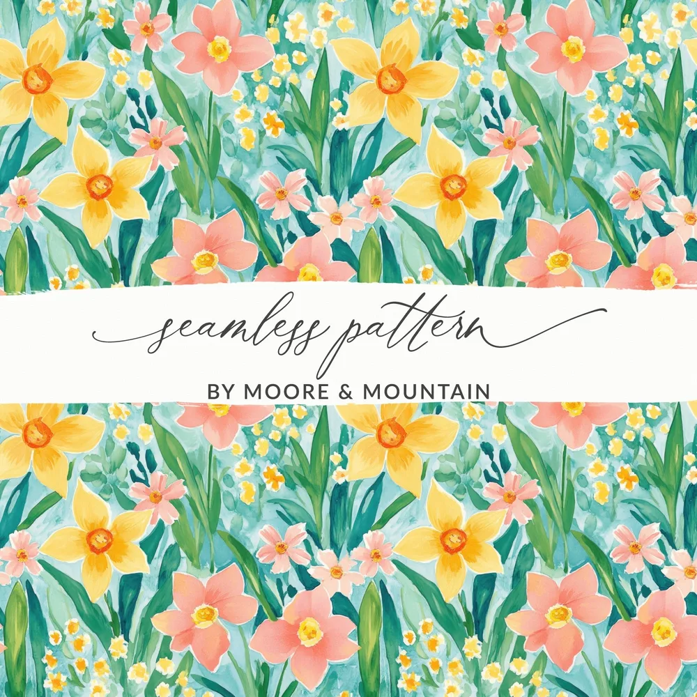 Daffodil Digital Pattern, Watercolor Floral, Seamless Pattern File, Spring Flowers, Digital Paper, Fabric Design, Pastel Colors - Moore and Mountain