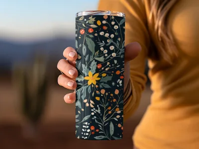 Dark Black Seamless Christmas Ditsy Floral Pattern With Berries and Leaves on Dark Backdrop Digital - Moore and Mountain