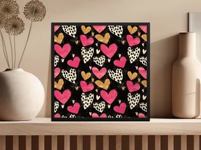 Dark Hearts Digital Paper, Pink and Gold Hearts Pattern, Spotted Heart Art, Seamless Black Background, Digital Valentine's Day Texture - Moore and Mountain