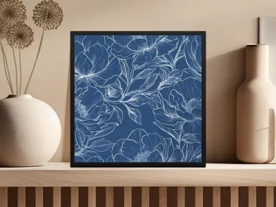Dark Navy Blue Line Art Peony Floral Seamless Pattern, Flower Digital Paper, Botanical Background, Fabric Design, Scrapbooking Paper - Moore and Mountain