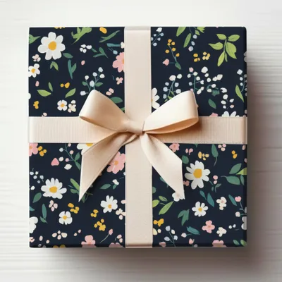 Floral Dark Blue Gift Wrap with Cream Ribbon Decor
