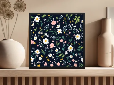 Vibrant Floral Pattern on Black Background Art Print
