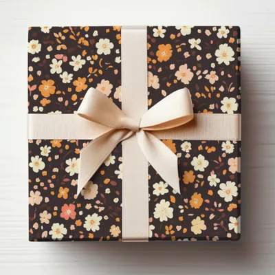 Floral Patterned Gift Wrap with Cream Ribbon Box
