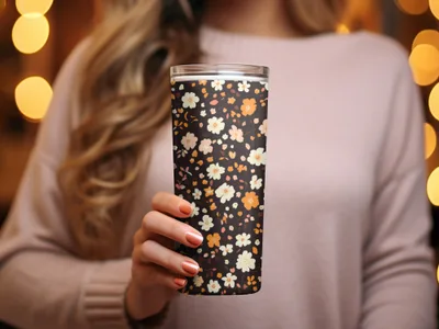 Floral Design Travel Mug with Fall Themed Pattern