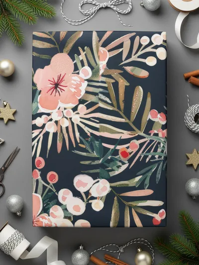 Dark Watercolor Floral Pattern Digital Paper, Winter Foliage Seamless Pattern, Boho Pink Winter Flowers JPEG - Moore and Mountain