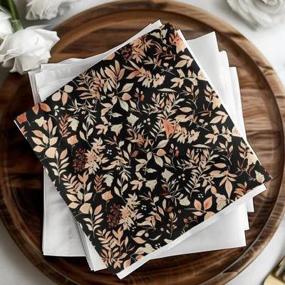 Elegant Floral Patterned Black and Beige Decorative Paper