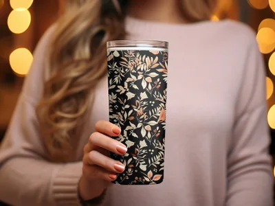 Floral Patterned Travel Tumbler with Leaf Accents