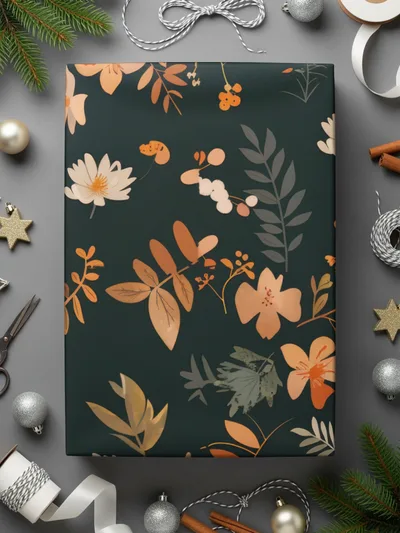 Festive Floral Themed Gift Wrap with Seasonal Accents
