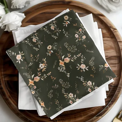 Floral Patterned Dark Green and Peach Napkin Set