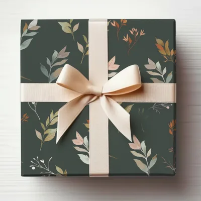 Elegant Floral Green Gift Wrap with Cream Ribbon