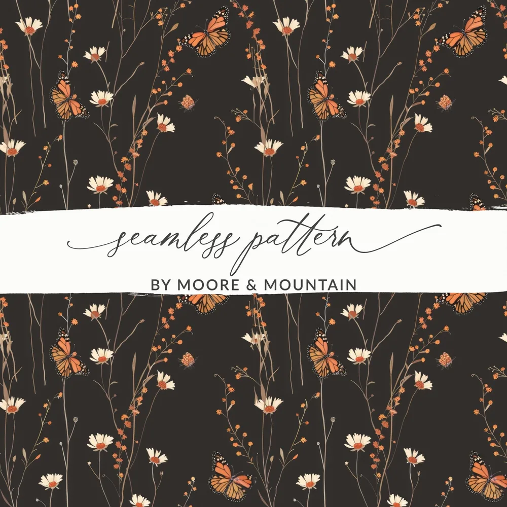 Dark Wildflowers and Butterflies Summer Pattern Dark Background Digital - Moore and Mountain
