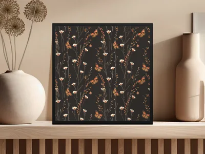 Dark Wildflowers and Butterflies Summer Pattern Dark Background Digital - Moore and Mountain