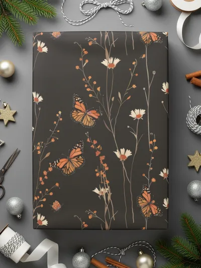 Dark Wildflowers and Butterflies Summer Pattern Dark Background Digital - Moore and Mountain